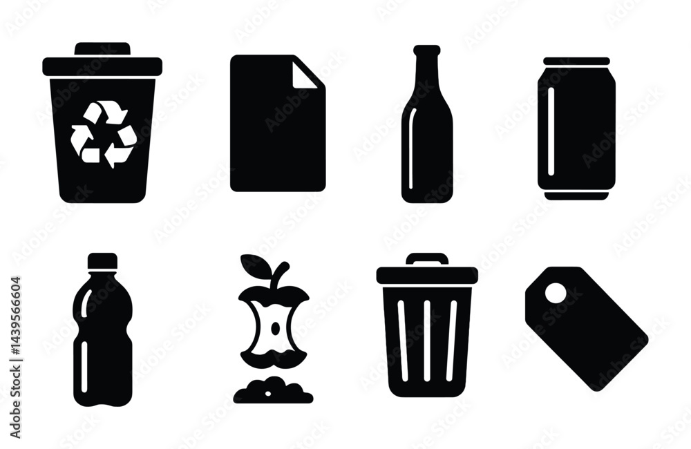 Recycling and waste management solid icons – silhouette style eco-friendly, sustainability, and trash management symbols: recycle bin, paper, glass bottle, can, plastic bottle, apple core, garbage