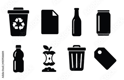 Obraz na płótnie Recycling and waste management solid icons – silhouette style eco-friendly, sustainability, and trash management symbols: recycle bin, paper, glass bottle, can, plastic bottle, apple core, garbage w salonie