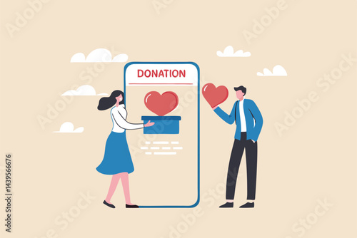 Charity donation, donate online with care to help and support people, giving money or volunteer, mobile social app to help other people concept, man and woman put heart shape into mobile donation app.