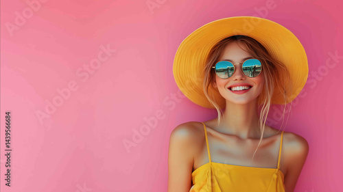 cheerful lady shopping on pink background