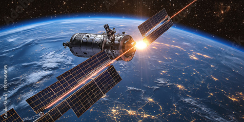 Fototapeta Naklejka Na Ścianę i Meble -  Spacecraft with laser targeting Earth from orbit, showcasing space exploration and advanced technologies