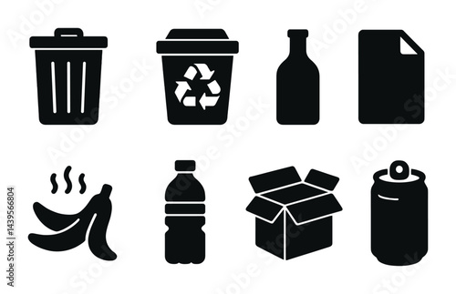 Waste management silhouette icons set – solid style recycling, sustainability, and eco symbols: trash bin, recycling bin, bottle, paper, banana peel, plastic bottle, box, can.