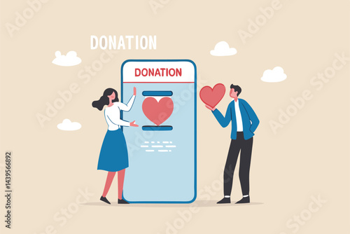 Charity donation, donate online with care to help and support people, giving money or volunteer, mobile social app to help other people concept, man and woman put heart shape into mobile donation app.