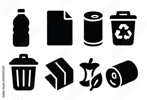 Recycling and waste management solid icons set – silhouette style eco-friendly, sustainability, and environment symbols: bottle, paper, can, recycling bin, garbage, compost.