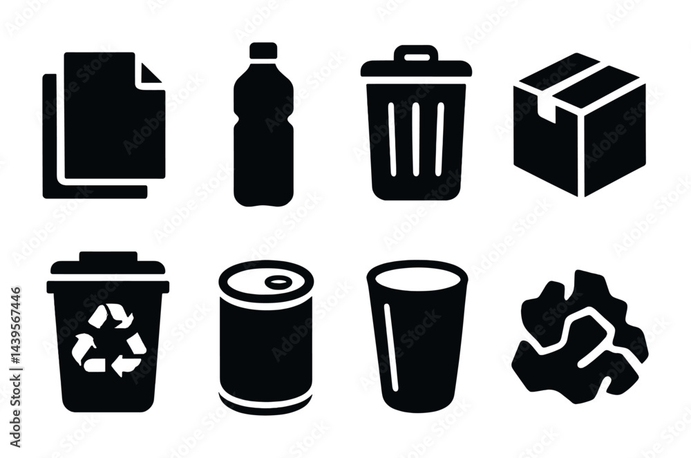 Recycling and waste management solid icon set – silhouette style eco-friendly, sustainability, and green awareness symbols: paper, bottle, trash can, box, recycle bin, can, cup, leaf.