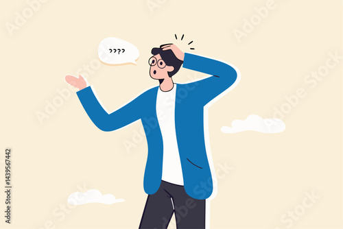 Awkward moment, embarrassment conversation, nervous and incompetent, dull moment or cannot answer question concept, awkward confused and shrug businessman with helpless speech bubble.
