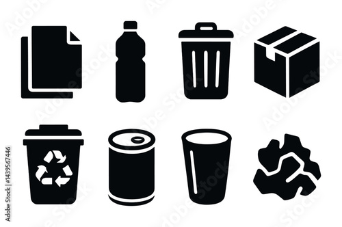 Recycling and waste management solid icon set – silhouette style eco-friendly, sustainability, and green awareness symbols: paper, bottle, trash can, box, recycle bin, can, cup, leaf.