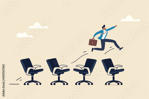 Job hopping, change many jobs in short time, move to new better career or position, cheerful businessman candidate jumping from office chair to new office metaphor of often changing job.
