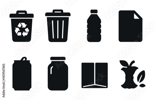 Recycling and waste management icons set – solid style eco-friendly, sustainability, and waste disposal symbols: recycle bin, trash can, plastic bottle, paper, can, jar, book, apple core.