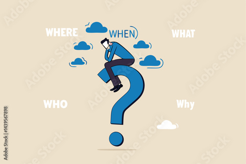 5w1h asking questions for solution to solve problem, thinking process or business analysis to get new idea concept, calm businessman on large question mark thinking of who what where when why and how.