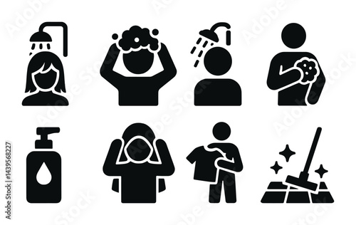Personal hygiene solid icons set – filled style cleanliness, grooming, and skincare symbols for health awareness: shower, hair wash, soap, hand washing, mop, lotion