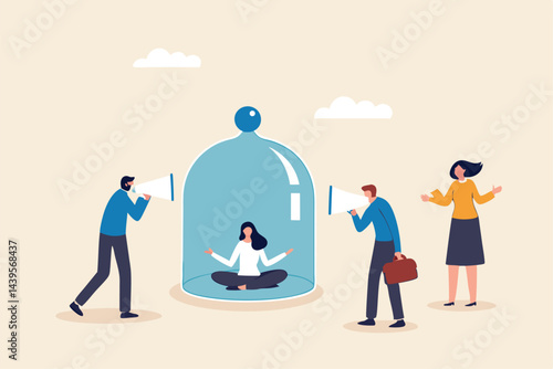 Ignore noise or distraction, keep calm and avoid conflict or problem, challenge to survive in toxic workplace concept, businesswoman meditating and keep calm under covered to ignore people noise.