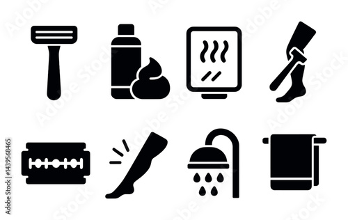 Personal hygiene and grooming solid icons set – filled bathroom, shower, and shaving symbols for self-care: razor, shaving cream, mirror, towel, soap, showerhead, brush.