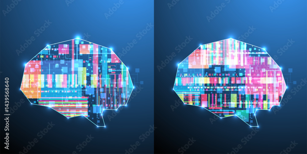 Abstract background on the theme of artificial intelligence. Brain shape with technological elements inside the contour.