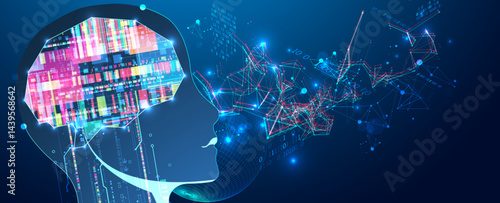Abstract background on the theme of artificial intelligence. Brain shape with technological elements inside the contour.