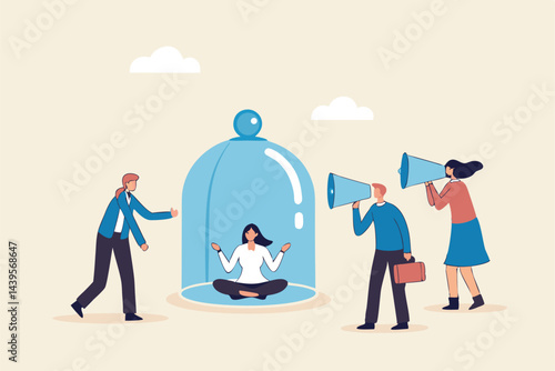 Ignore noise or distraction, keep calm and avoid conflict or problem, challenge to survive in toxic workplace concept, businesswoman meditating and keep calm under covered to ignore people noise.