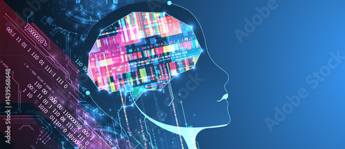 Abstract background on the theme of artificial intelligence. Brain shape with technological elements inside the contour.