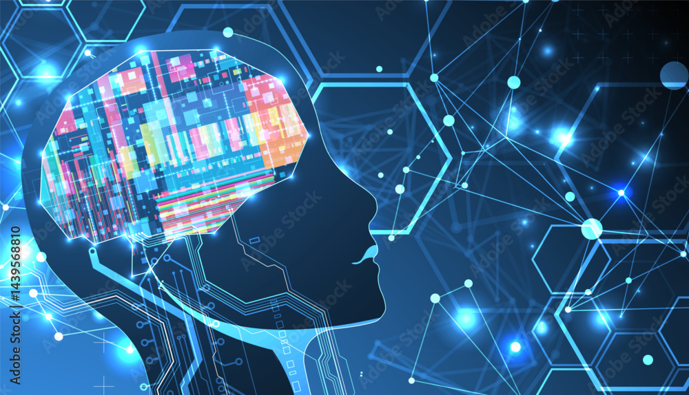 Abstract background on the theme of artificial intelligence. Brain shape with technological elements inside the contour.