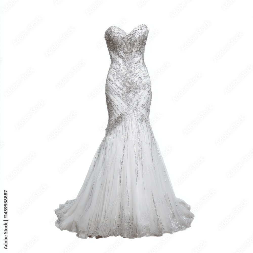 Obraz premium Elegant white wedding dress with silver embellishments on display