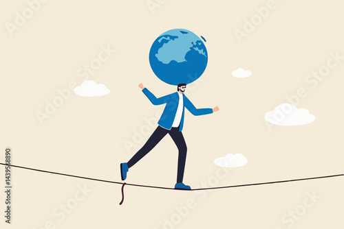 Geopolitical risk, world leader conflict, war and invasion danger causing economic and investment risk, nuclear war tension concept, businessman leader acrobat try to balance world globe on his head.