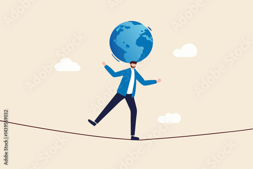 Geopolitical risk, world leader conflict, war and invasion danger causing economic and investment risk, nuclear war tension concept, businessman leader acrobat try to balance world globe on his head.