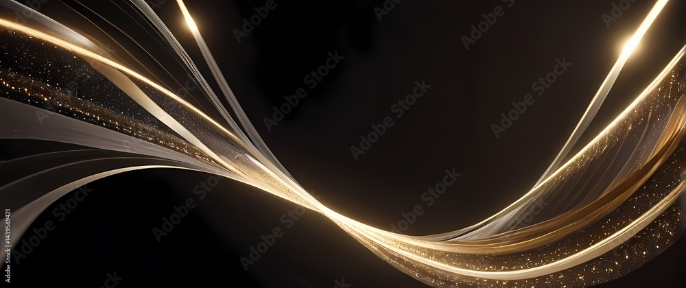 Abstract digital art featuring undulating metallic ribbons and glowing particle effects in motion. Extremely detailed high resolution illustration.