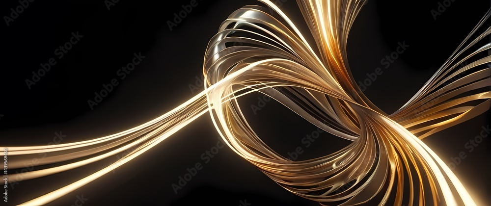 Abstract digital art featuring undulating metallic ribbons and glowing particle effects in motion. Extremely detailed high resolution illustration.