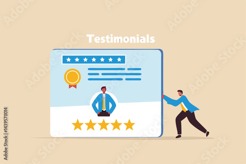 Testimonials client review, customer praise or opinion or feedback giving 5 stars rating, message or positive comment, quality service concept, businessman pushing testimonial card with good reviews.