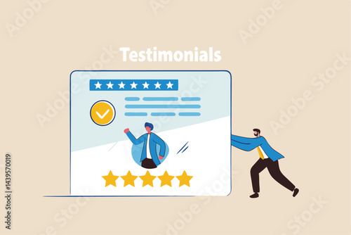 Testimonials client review, customer praise or opinion or feedback giving 5 stars rating, message or positive comment, quality service concept, businessman pushing testimonial card with good reviews.