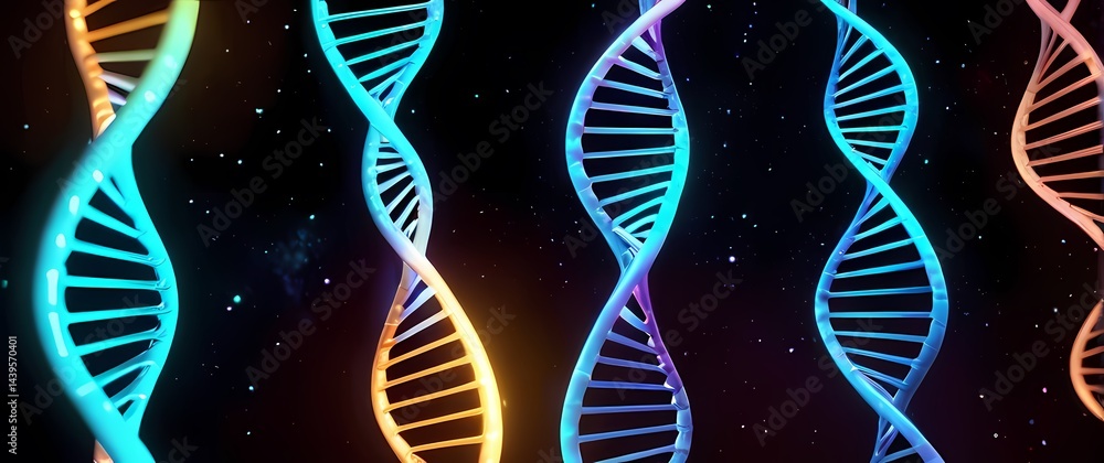 D rendered models of DNA with glowing bonds and vibrant dynamic color animations in space environments. Extremely detailed high resolution illustration.