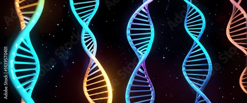 Obraz na płótnie D rendered models of DNA with glowing bonds and vibrant dynamic color animations in space environments. Extremely detailed high resolution illustration. w salonie