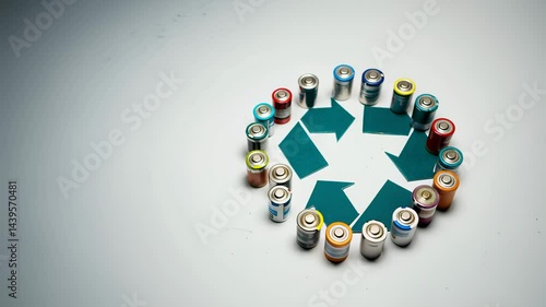 Batteries arranged around a recycle symbol on a white background, promoting environmental awareness and recycling efforts.