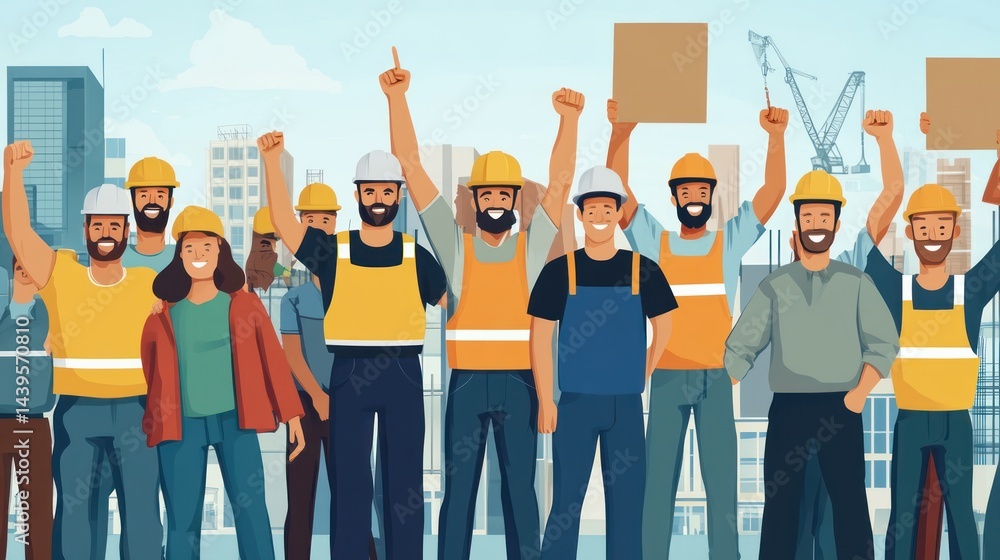 Fototapeta premium United Construction Workers Celebrating Success: A Diverse Team of Professionals Triumphantly Holding Signs Against a Cityscape Background