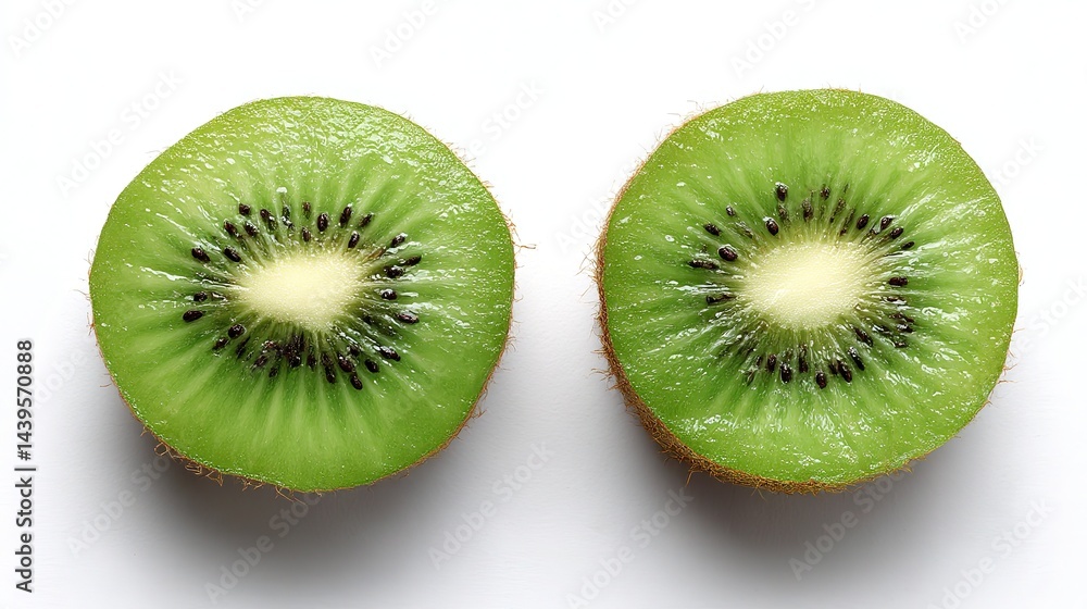 Fototapeta premium Fresh kiwi halves with vibrant green and black details, showcasing natural freshness and texture. 