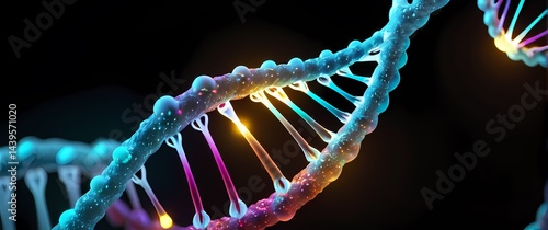 D digital DNA visualization with glowing chemical bonds and colorful molecular strands. Extremely detailed high resolution illustration.