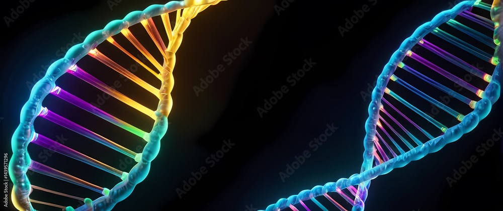 D digital DNA models with luminous bonds and rotating colorful structures. Extremely detailed high resolution illustration.