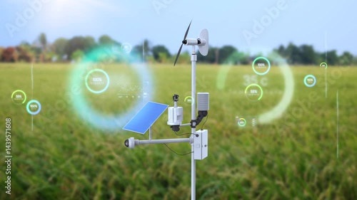 Agriculture technology with 3d rendering weather station with digital graphic interface 4k footage