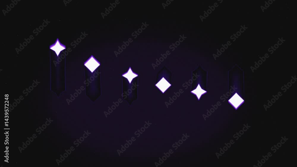 Seven glowing purple diamonds floating against a dark backdrop. Suitable for jewelry stores, luxury brands, mysterious or magical concepts in designs. Seven glowing purple diamonds floating against a dark backdrop. Suitable for jewelry stores, luxury brands, mysterious or magical concepts in designs.