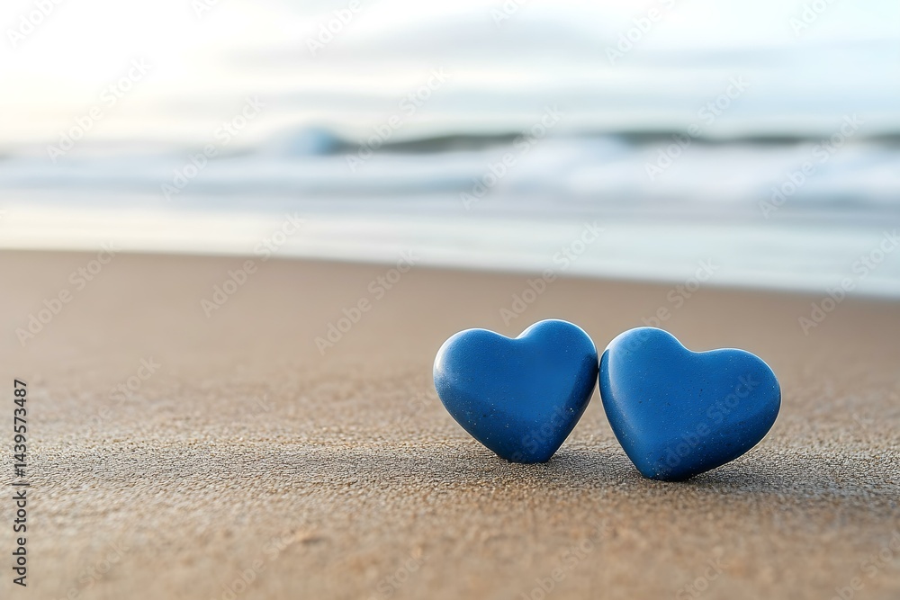 Fototapeta premium Two Blue Heart-Shaped Stones on a Sandy Beach with Ocean Waves and Coastal Serenity