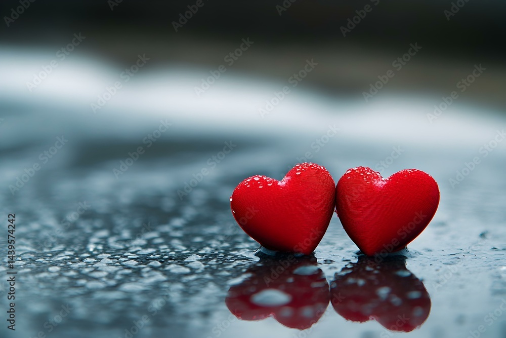 Fototapeta premium Two Red Hearts on Sandy Beach with Ocean Waves in a Romantic Coastal Setting
