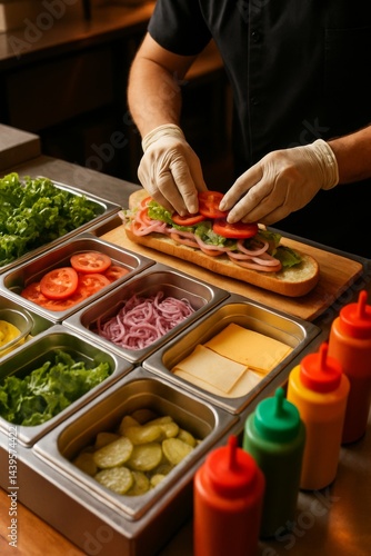 A vibrant close-up of a sandwich station, with fresh ingredients like crisp lettuce, juicy tomatoes, and various cheeses arranged neatly in containers.