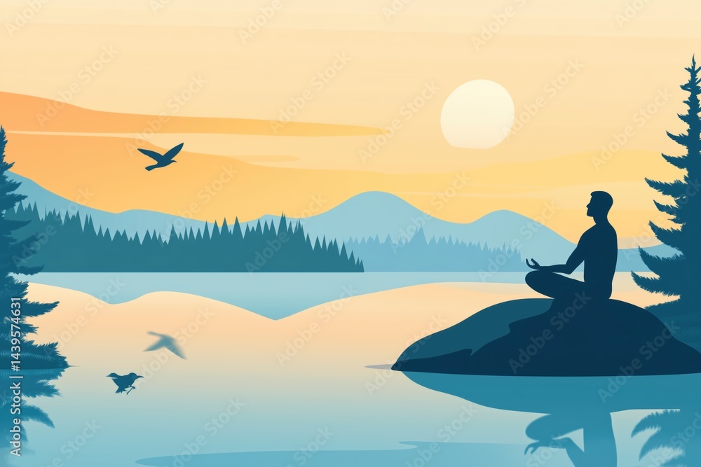 Silhouette of man meditating on rock by peaceful lake at sunrise, calm nature and mindfulness concept