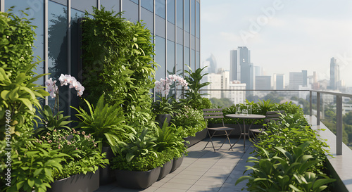 Terrace of house for rest with plants and flowers. Green rooftops and vertical gardens in urban architecture, bringing nature into city. Balance of sustainability, innovation, and modern design