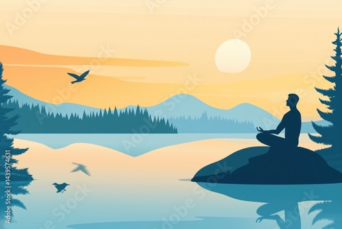 Obraz na płótnie Silhouette of man meditating on rock by peaceful lake at sunrise, calm nature and mindfulness concept w salonie