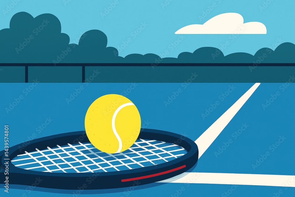 Minimalist illustration of tennis ball on racket on blue court under clear sky