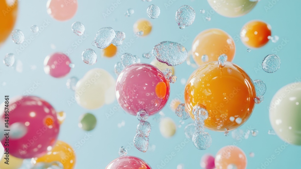 Fototapeta premium Colorful spheres float in air with water droplets for product ad background