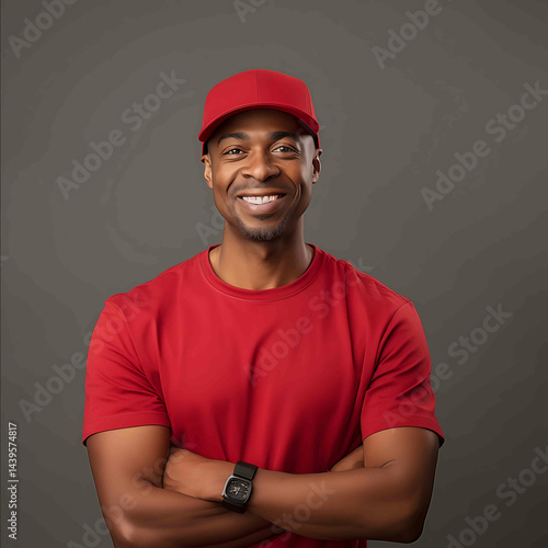 smiling black guy with this arms folded turned away from camera wearing red baseball cap and red tshirt grey background