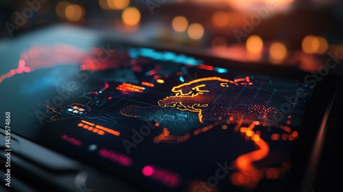 Digital World Map on Tablet, Night City Background
