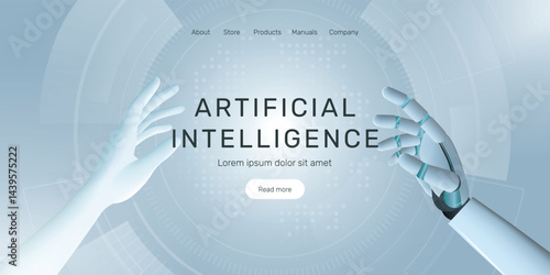 Web banner with human hand and android robot hand, technology,  development of artificial intelligence, robotics, partnership, digitalization, Artificial Intelligence (AI) landing page concept.