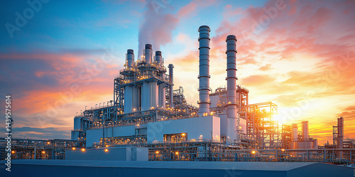 Natural Gas Combined Cycle Power Plant, gas turbine electricity generation facility with twilight illumination for factory energy concept